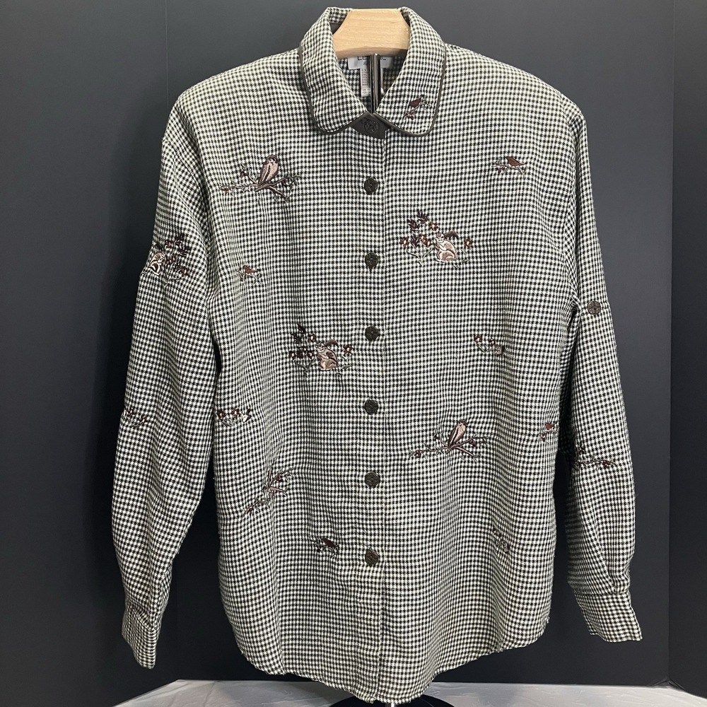 Teddi Womens VTG Olive Green Plaid Squirrel & Owl‎ Embroidered Roll Tab Shirt S